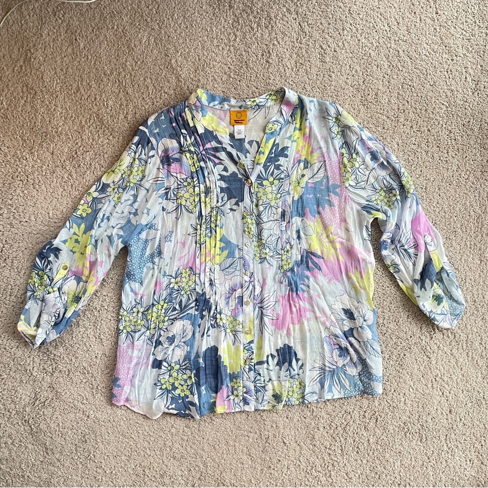 Ruby Rd. Floral 3/4 Sleeve Button Down Top Size 2X Yellow Blue Purple Tropical